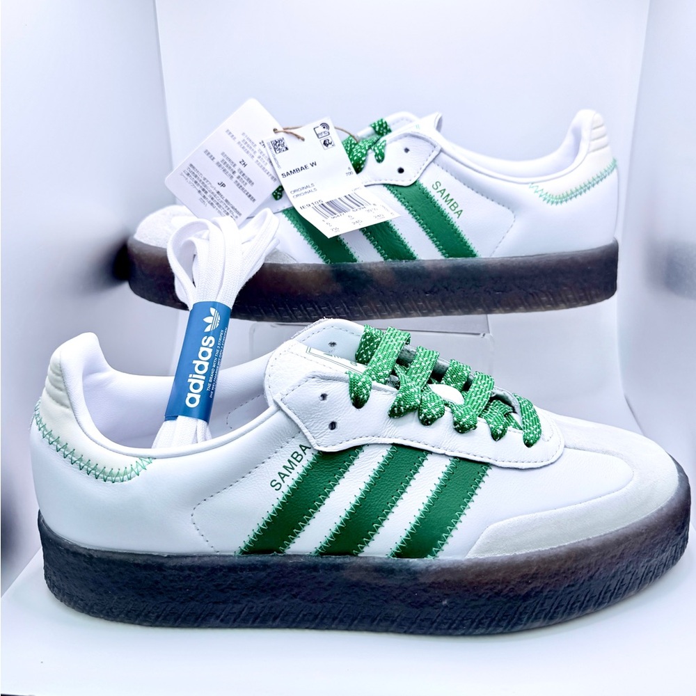 Adidas Sambae White with Green Stripes with thick Gum bottom. 7.5W.